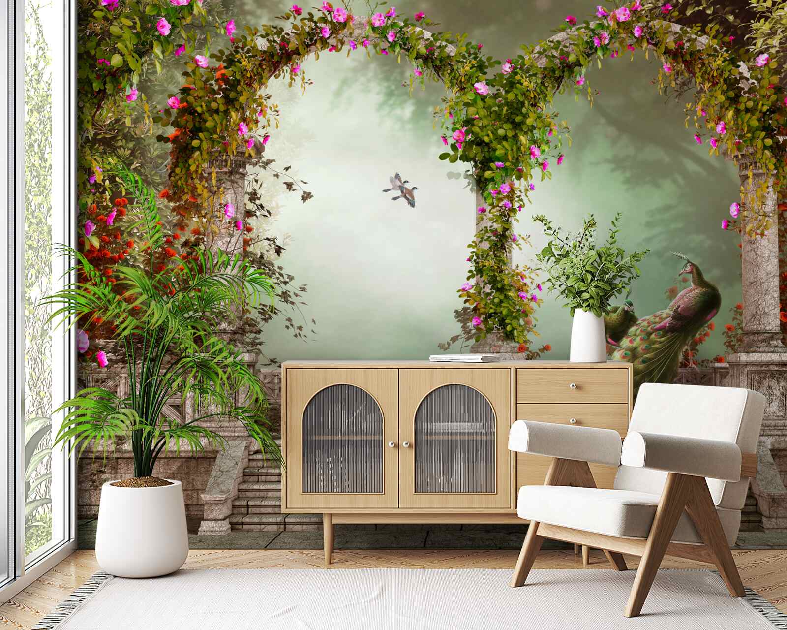 Фотошпалери павич у зелених арках, вкритих листям