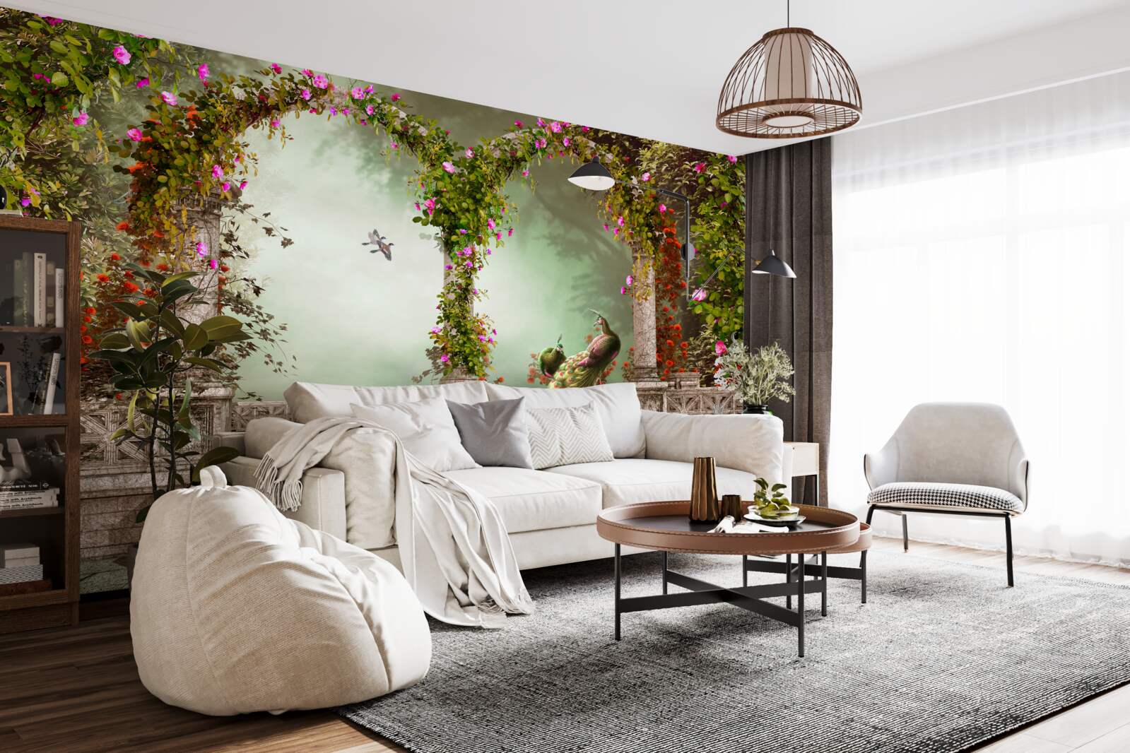 Фотошпалери павич у зелених арках, вкритих листям