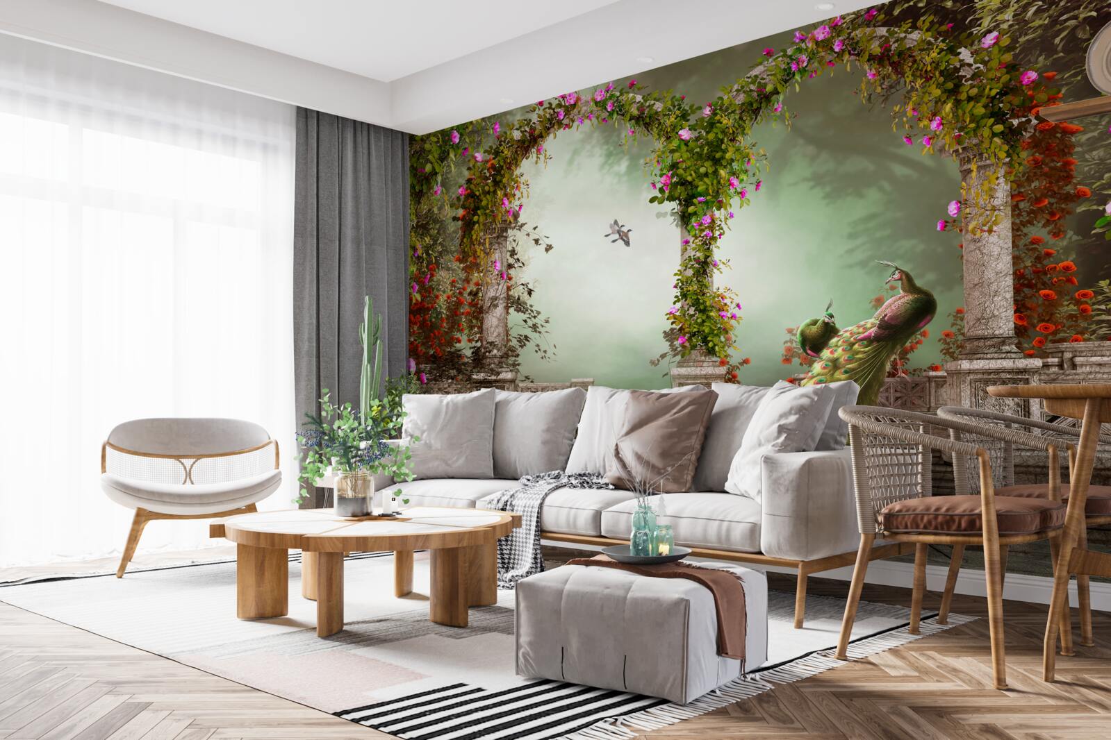 Фотошпалери павич у зелених арках, вкритих листям