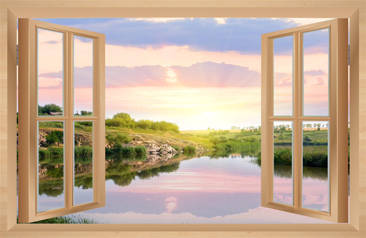 Фотошпалери вид з вікна на спокійну воду та зелені луки