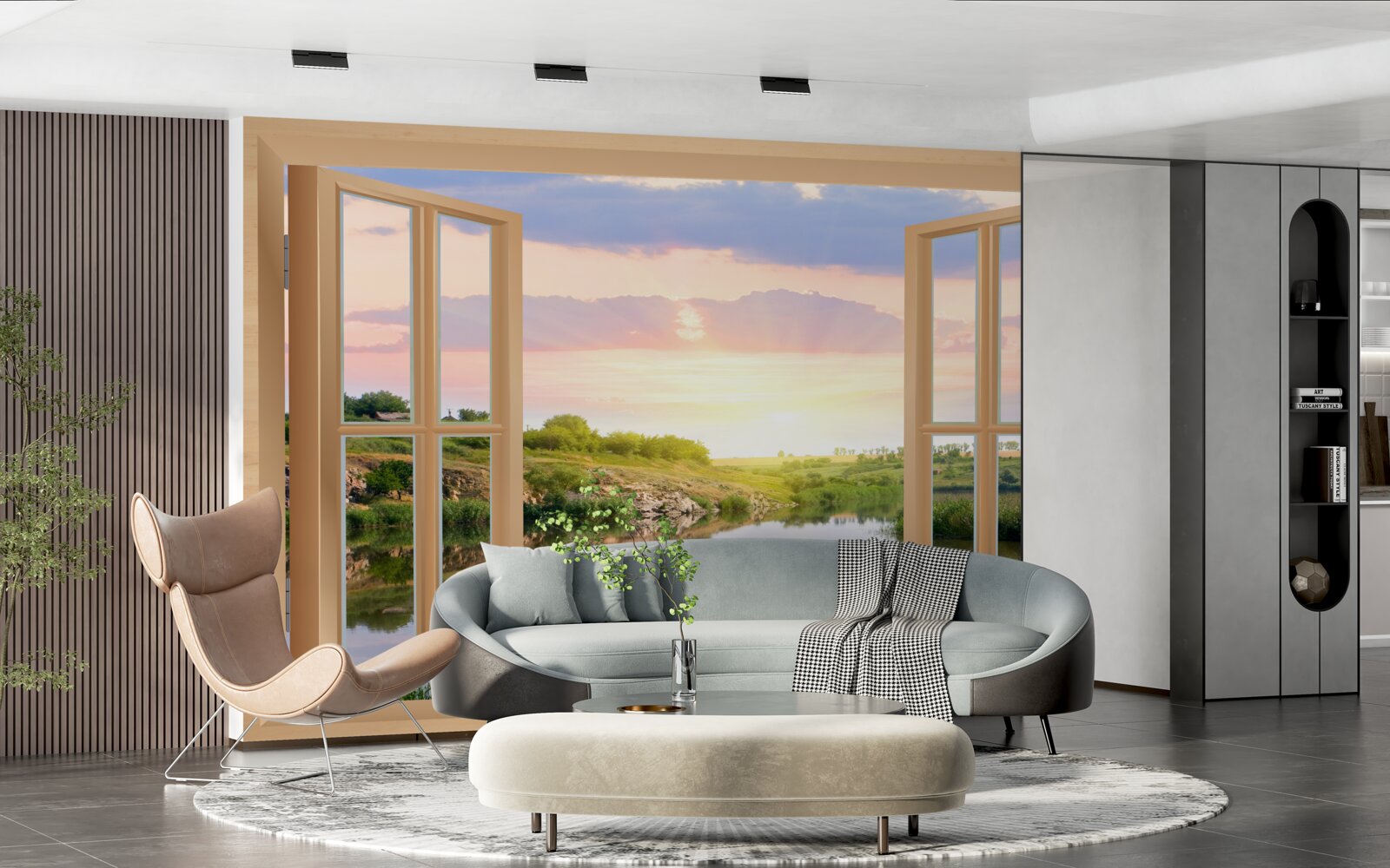 Фотошпалери вид з вікна на спокійну воду та зелені луки