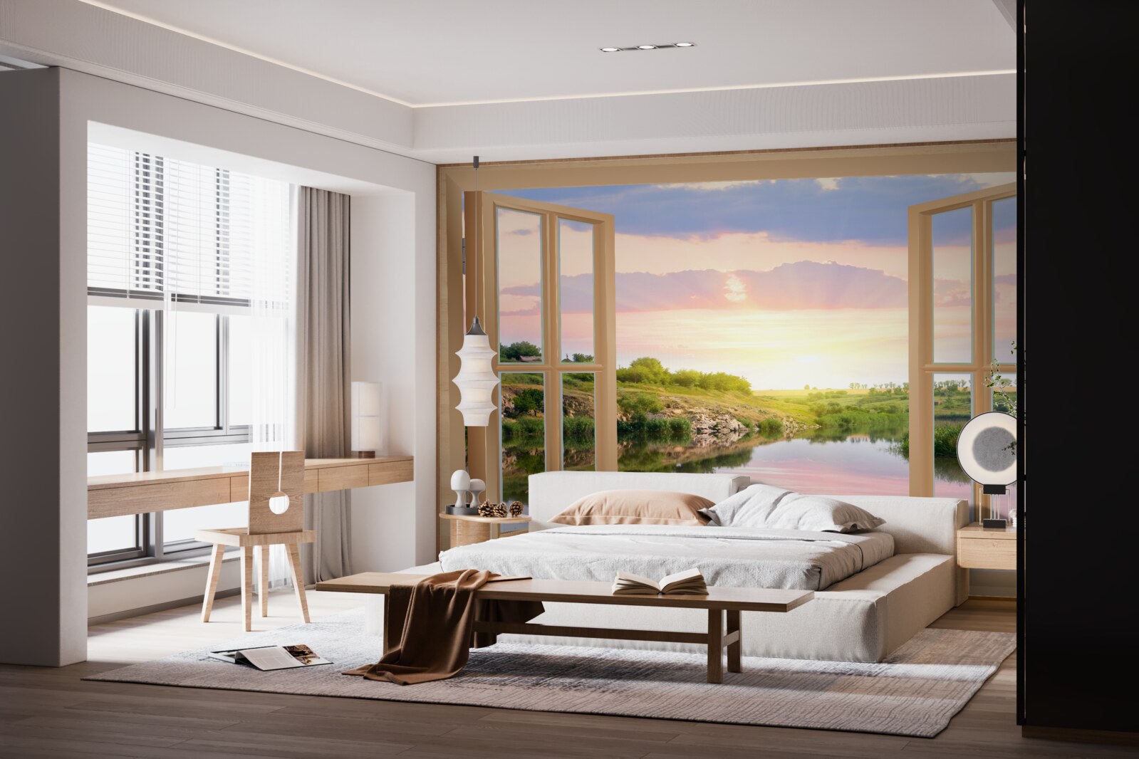 Фотошпалери вид з вікна на спокійну воду та зелені луки