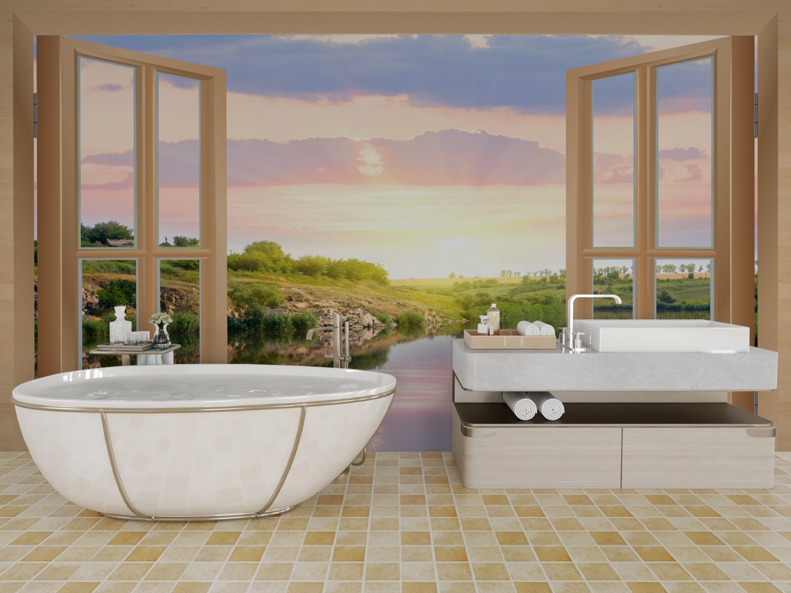 Фотошпалери вид з вікна на спокійну воду та зелені луки