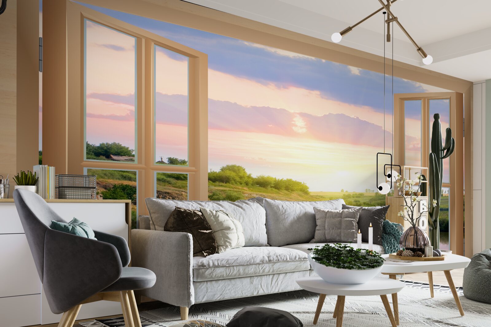 Фотошпалери вид з вікна на спокійну воду та зелені луки