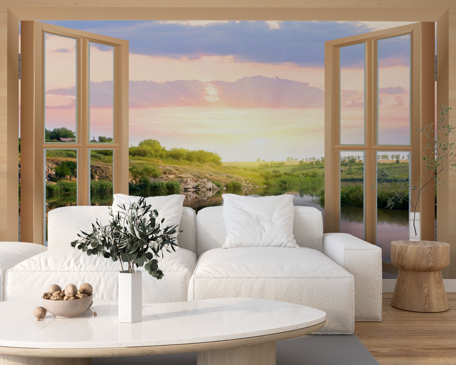 Фотошпалери вид з вікна на спокійну воду та зелені луки