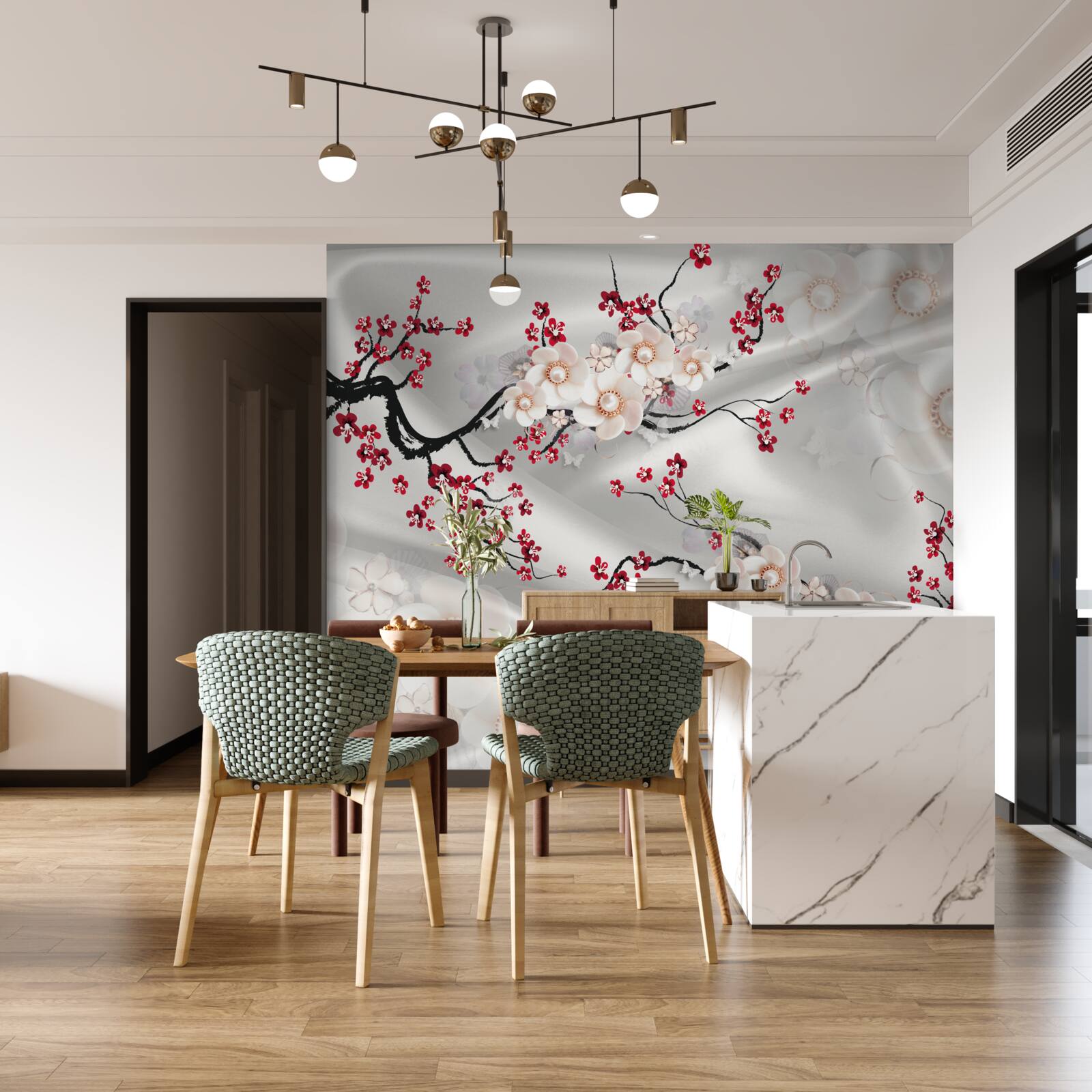 Фотошпалери на гілках червоної сакури розпустилися квіти