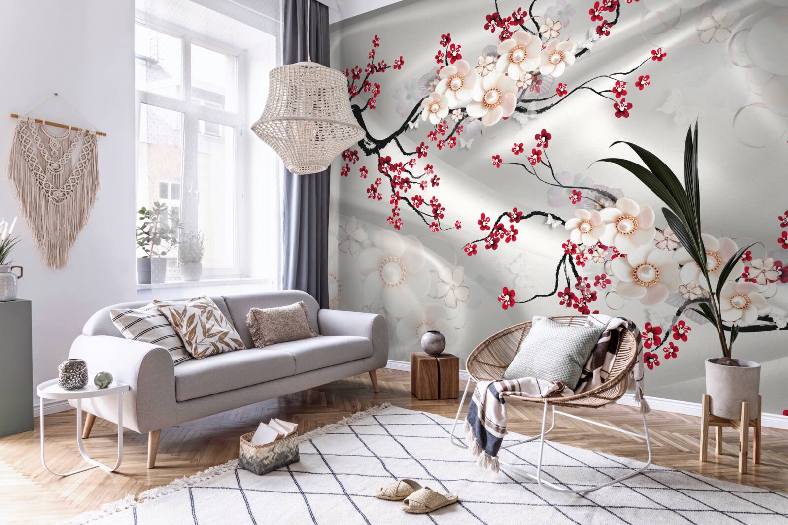 Фотошпалери на гілках червоної сакури розпустилися квіти