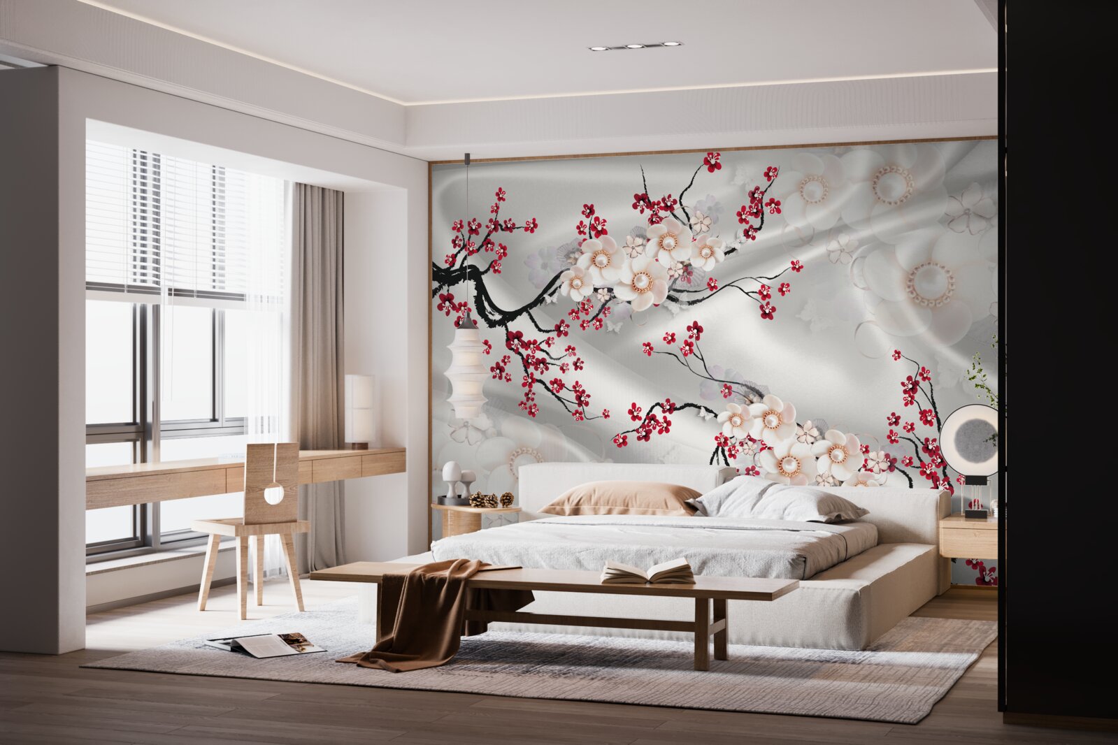 Фотошпалери на гілках червоної сакури розпустилися квіти