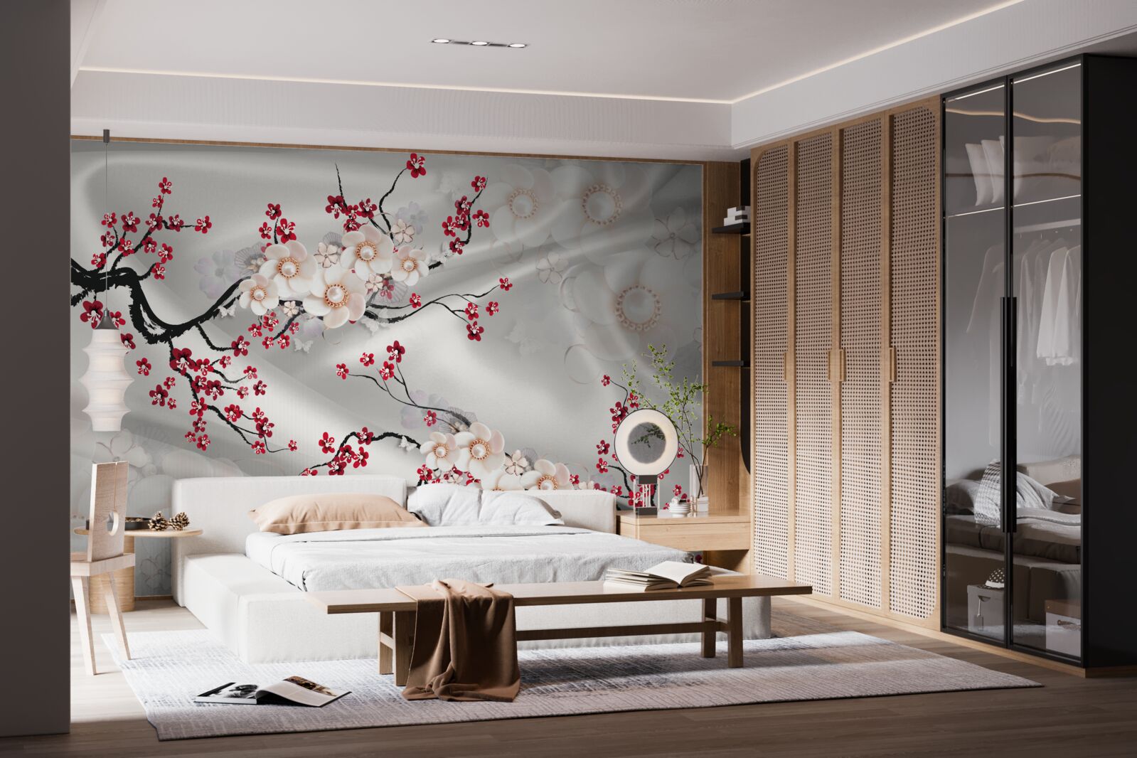 Фотошпалери на гілках червоної сакури розпустилися квіти