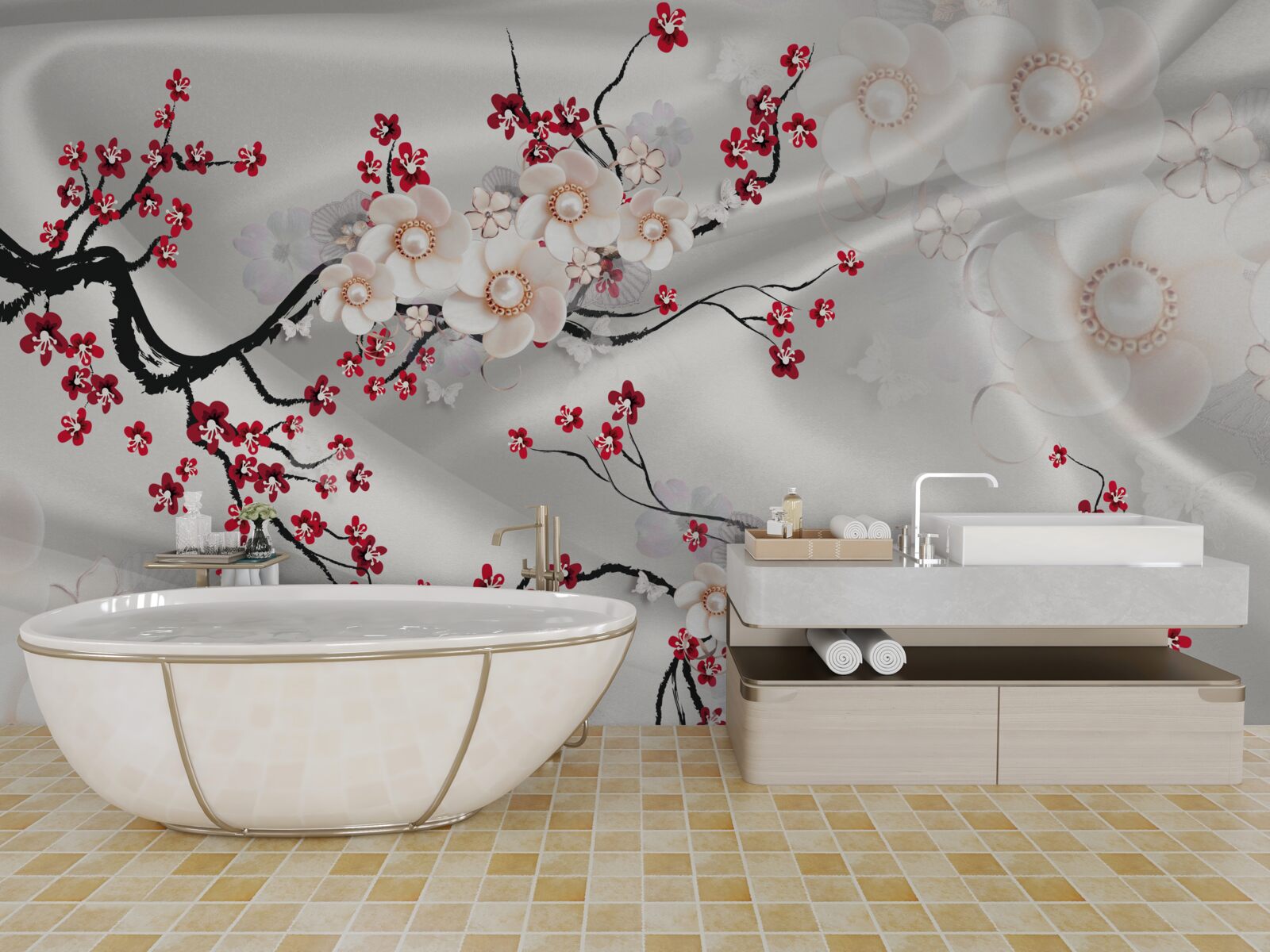 Фотошпалери на гілках червоної сакури розпустилися квіти