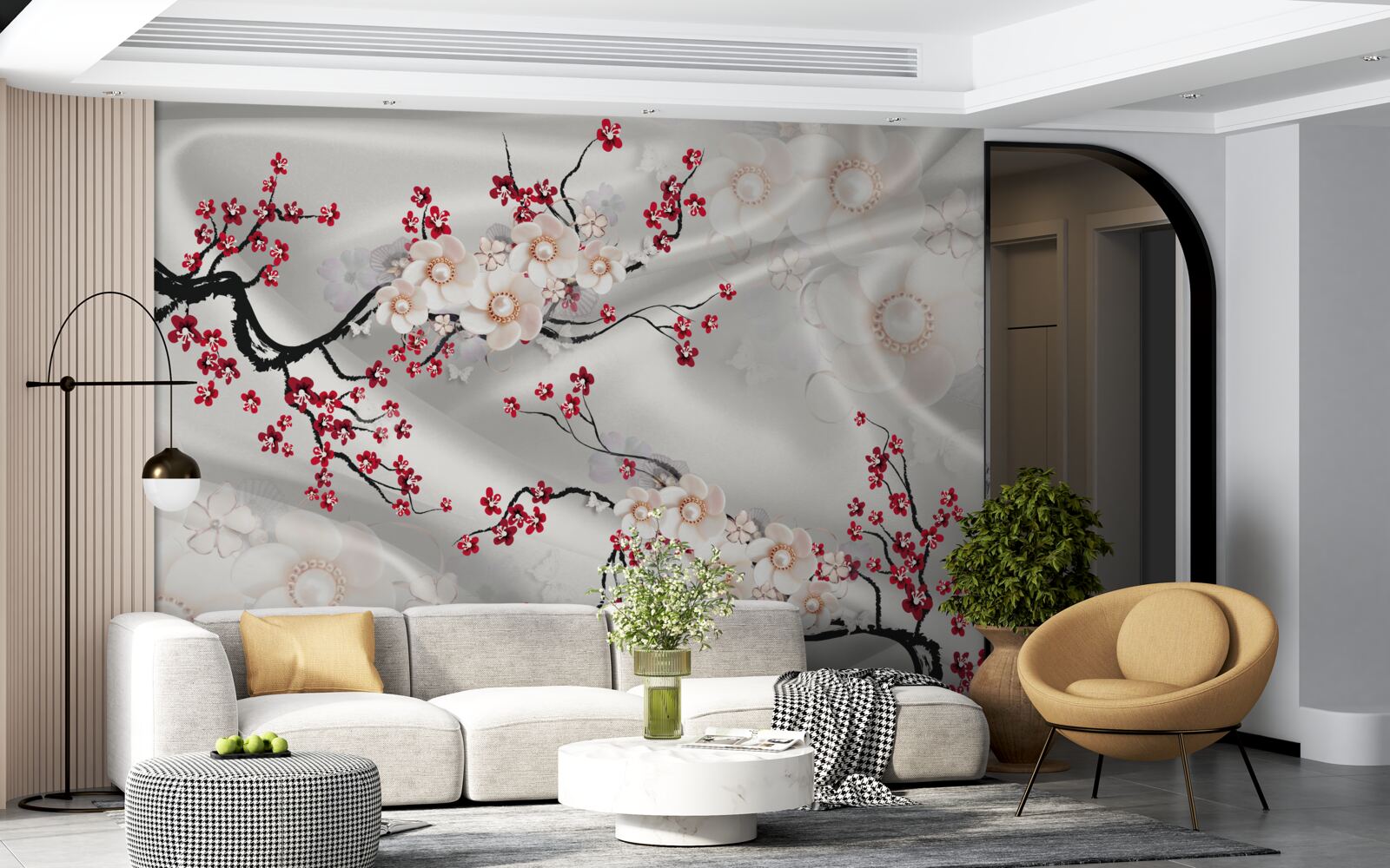 Фотошпалери на гілках червоної сакури розпустилися квіти