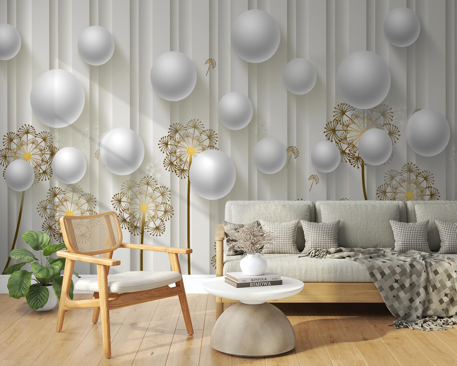 Фотошпалери золоті бутони і білі перлини плавають у повітрі