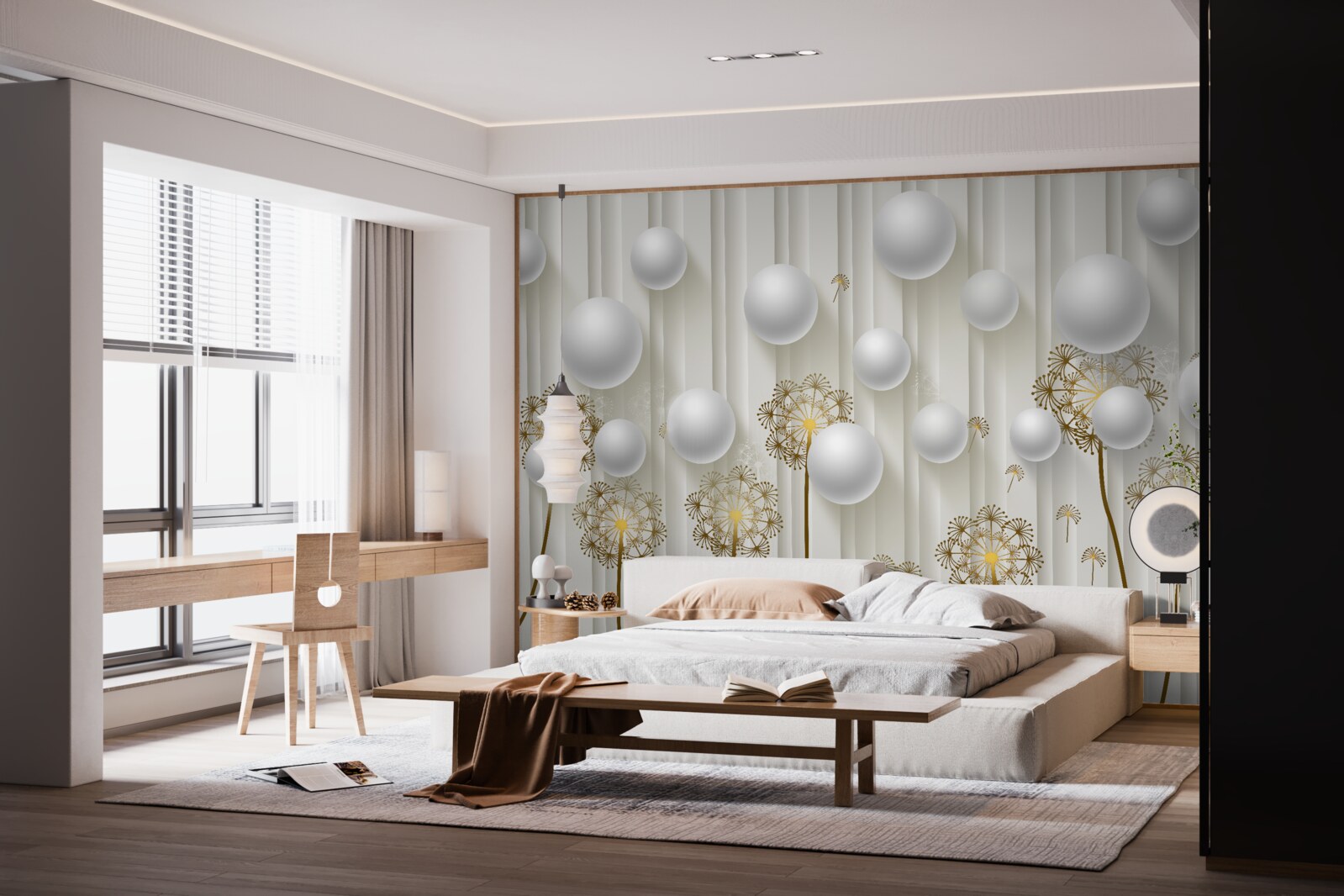 Фотошпалери золоті бутони і білі перлини плавають у повітрі