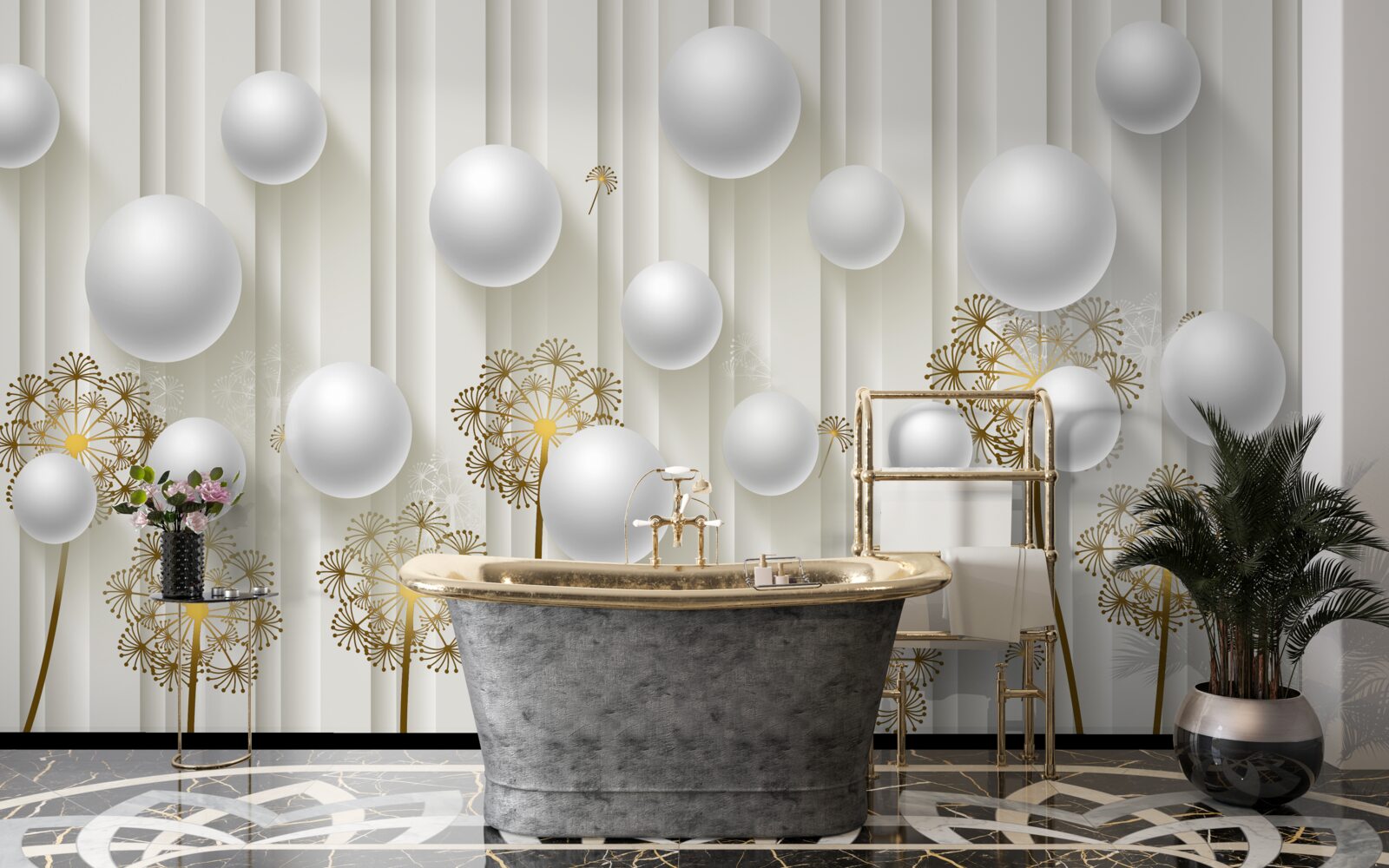 Фотошпалери золоті бутони і білі перлини плавають у повітрі