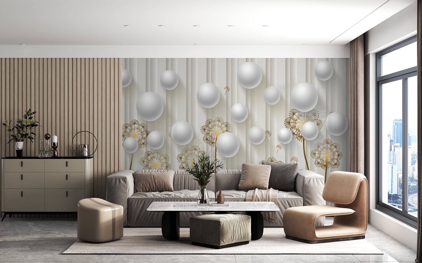 Фотошпалери золоті бутони і білі перлини плавають у повітрі