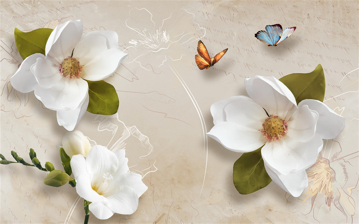 Фотошпалери літні лотоси білі та прикрашені метеликами