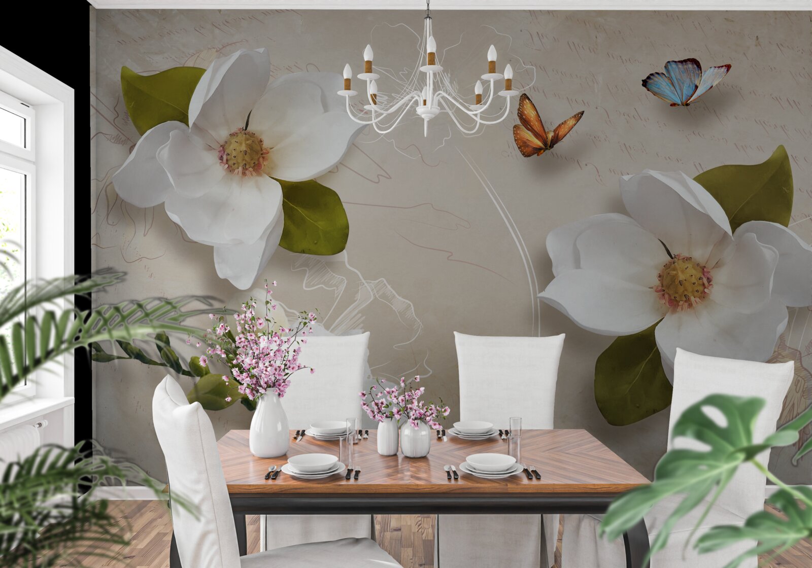 Фотошпалери літні лотоси білі та прикрашені метеликами