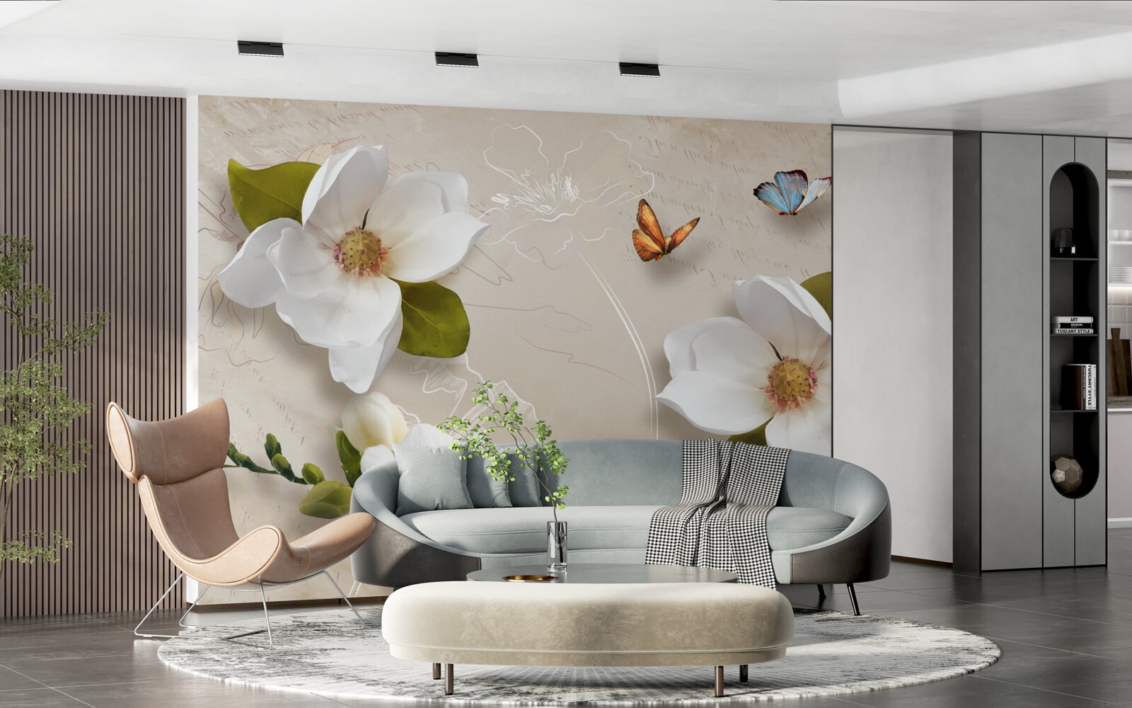 Фотошпалери літні лотоси білі та прикрашені метеликами