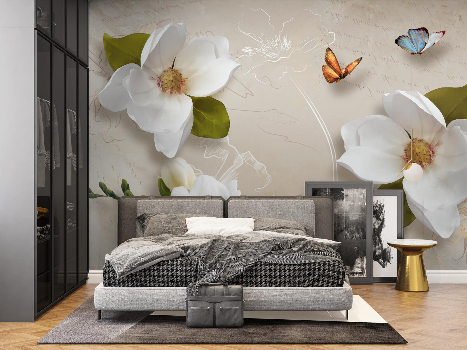 Фотошпалери літні лотоси білі та прикрашені метеликами