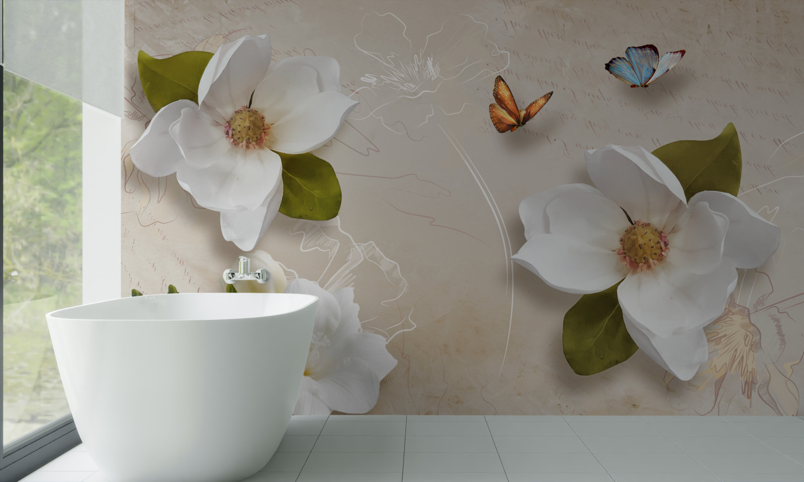 Фотошпалери літні лотоси білі та прикрашені метеликами