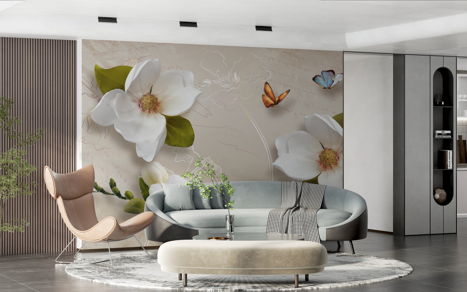 Фотошпалери літні лотоси білі та прикрашені метеликами