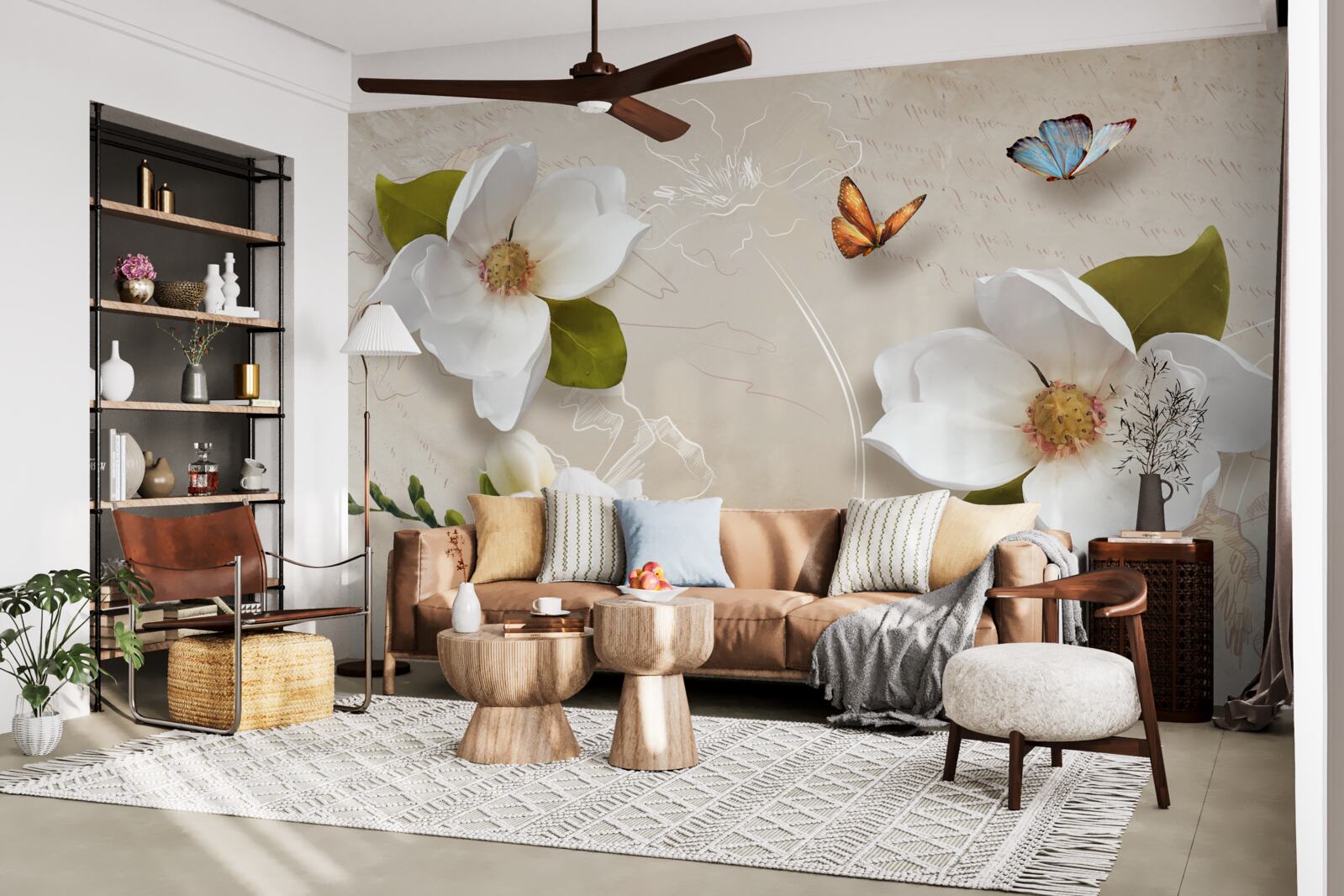 Фотошпалери літні лотоси білі та прикрашені метеликами