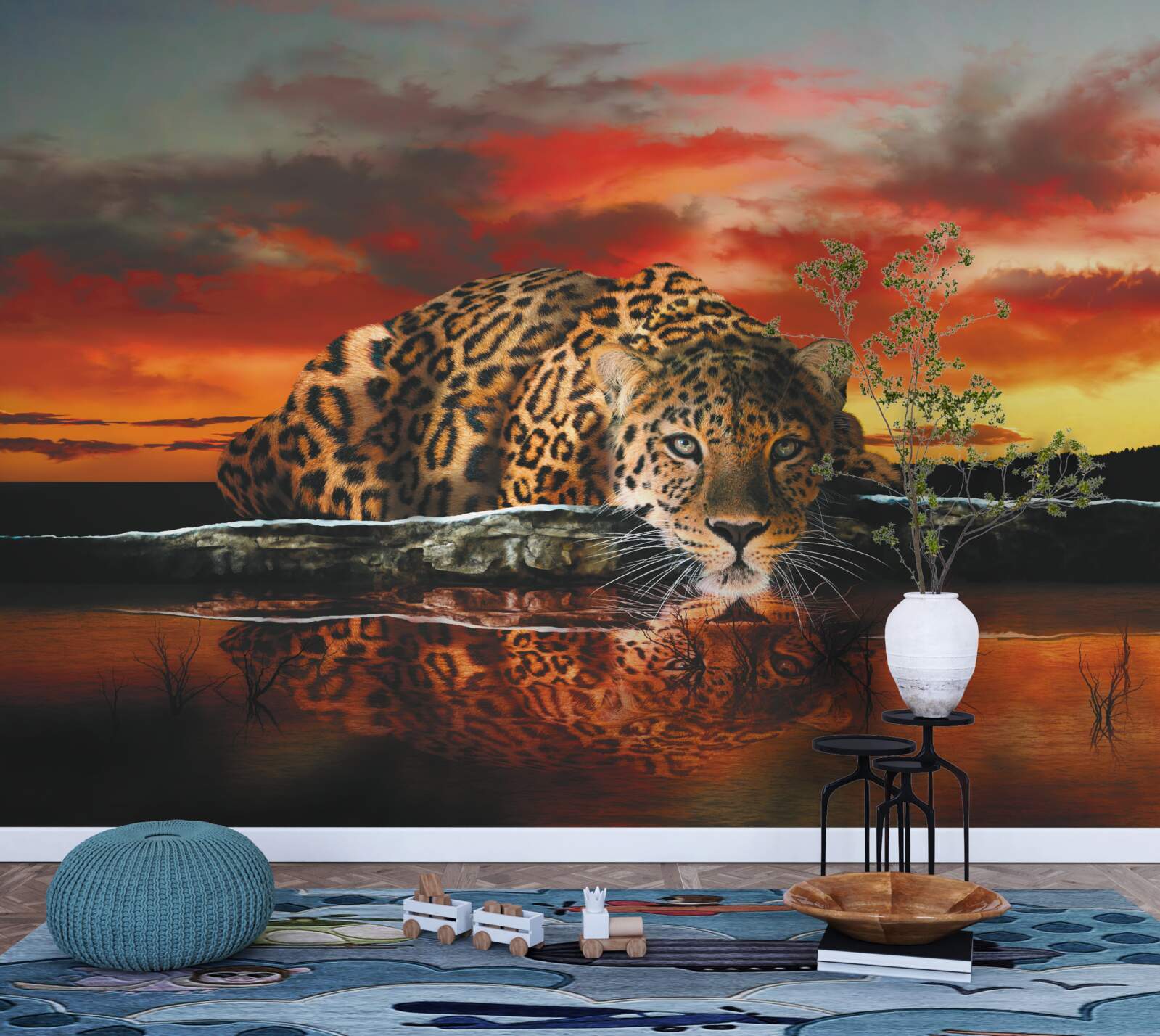 Фотошпалери леопардовий принт на тлі заходу сонця