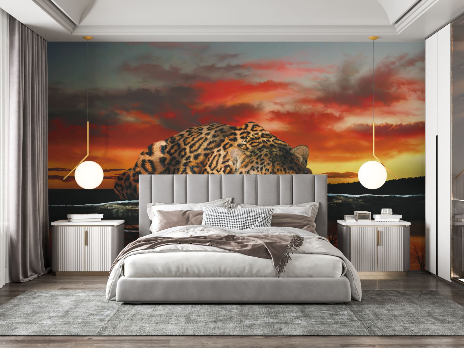 Фотошпалери леопардовий принт на тлі заходу сонця