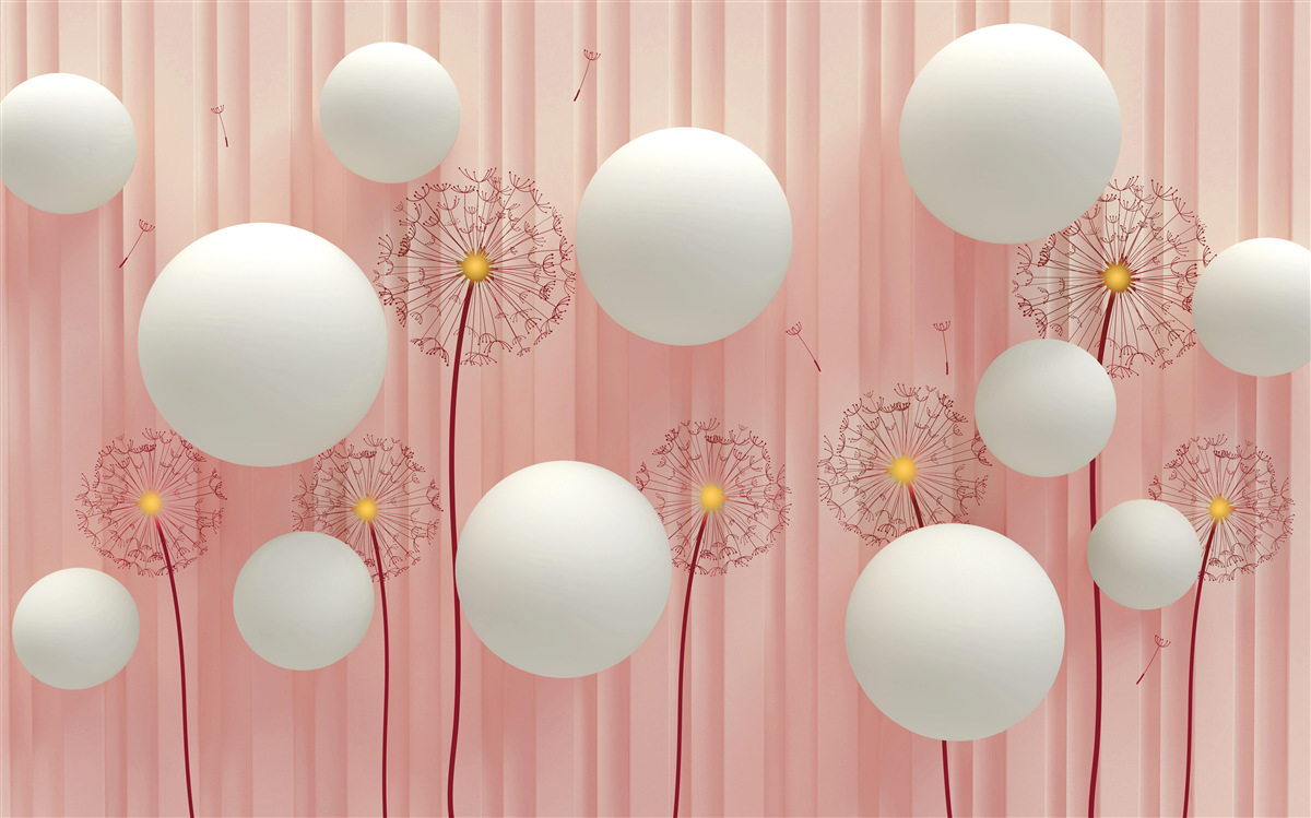 Фотошпалери елегантні кульбабки та білосніжні кульки на рожевому тлі