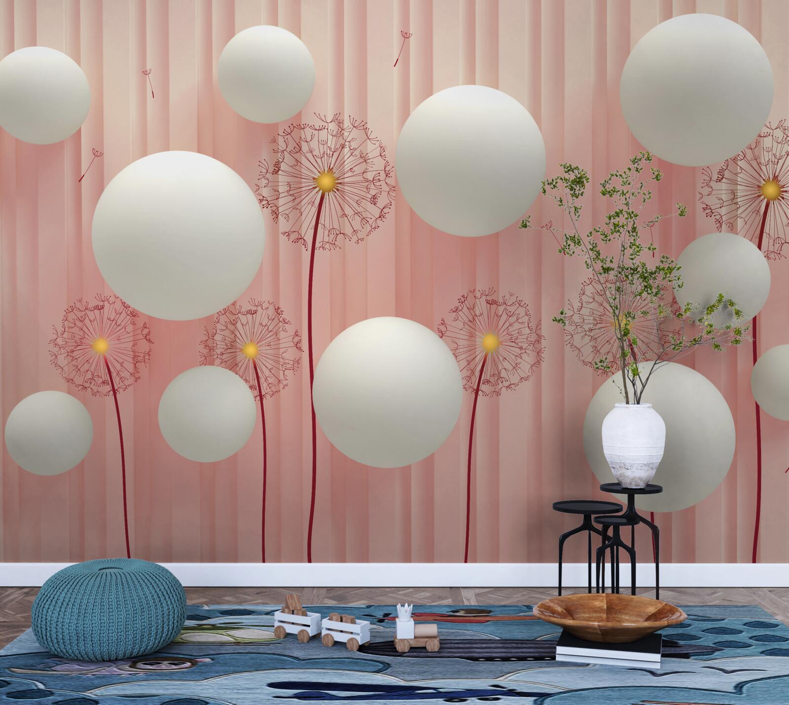 Фотошпалери елегантні кульбабки та білосніжні кульки на рожевому тлі