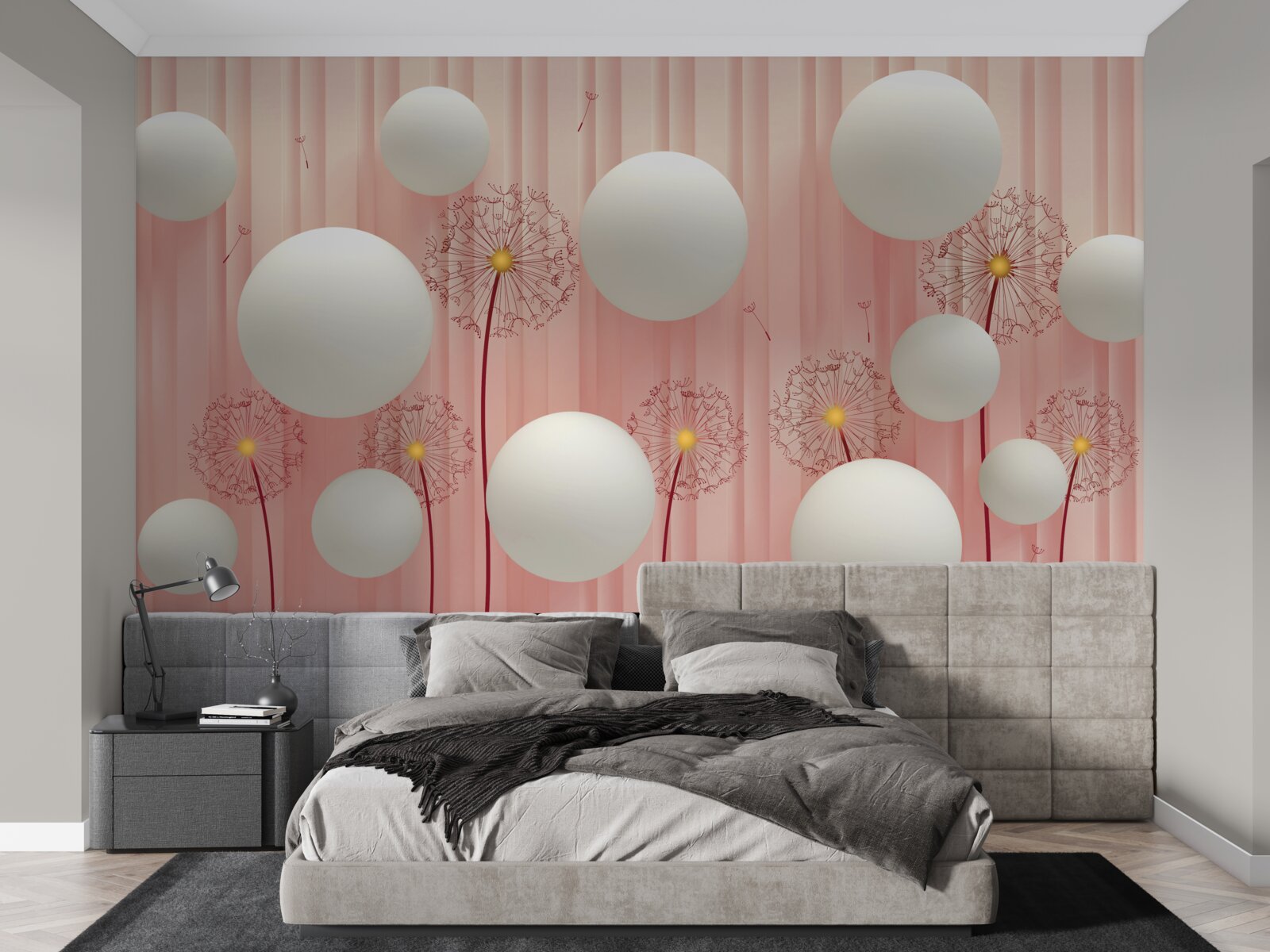 Фотошпалери елегантні кульбабки та білосніжні кульки на рожевому тлі