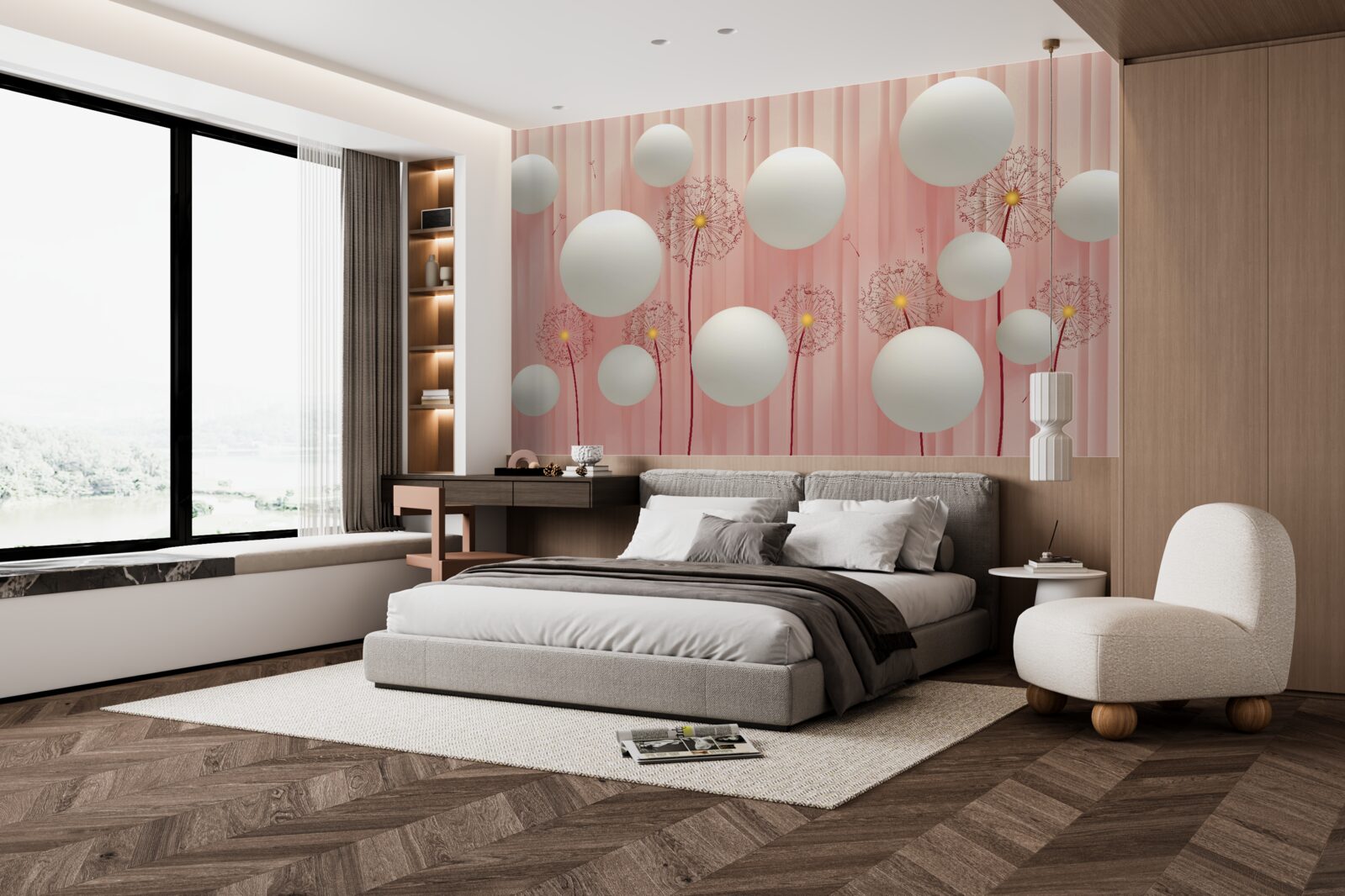 Фотошпалери елегантні кульбабки та білосніжні кульки на рожевому тлі