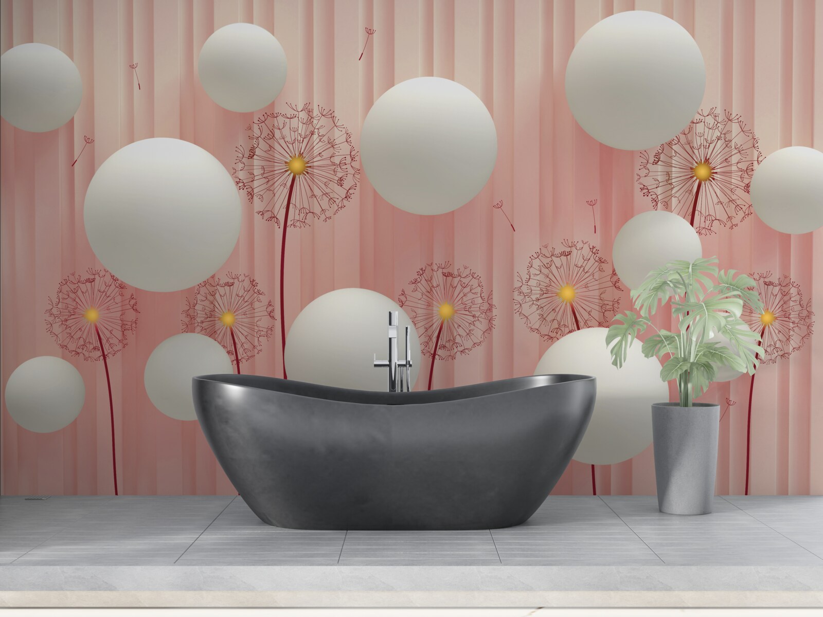 Фотошпалери елегантні кульбабки та білосніжні кульки на рожевому тлі