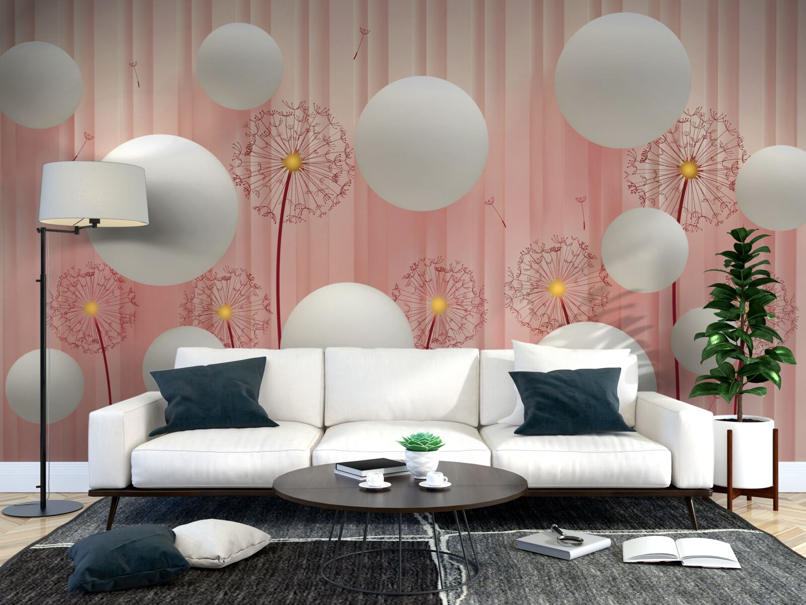 Фотошпалери елегантні кульбабки та білосніжні кульки на рожевому тлі