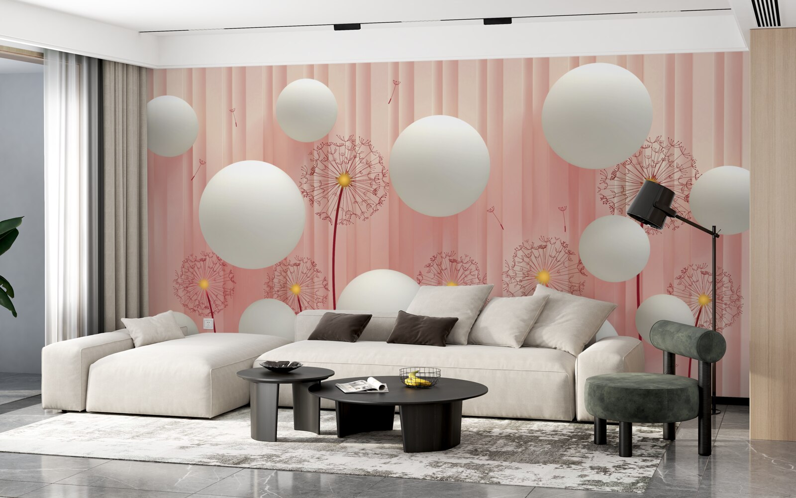 Фотошпалери елегантні кульбабки та білосніжні кульки на рожевому тлі