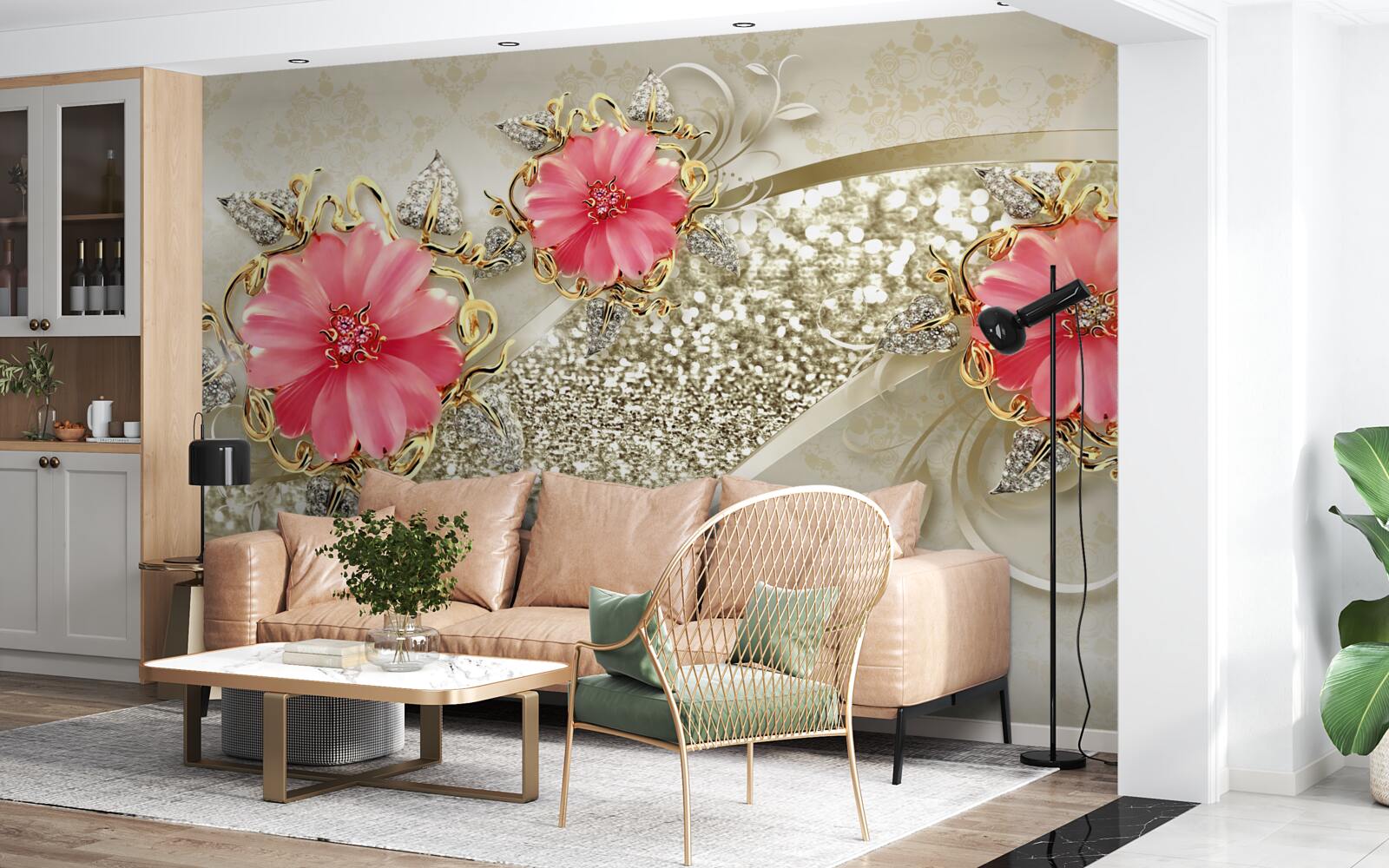 Фотошпалери червоні бутони гербери на золотистих гілках