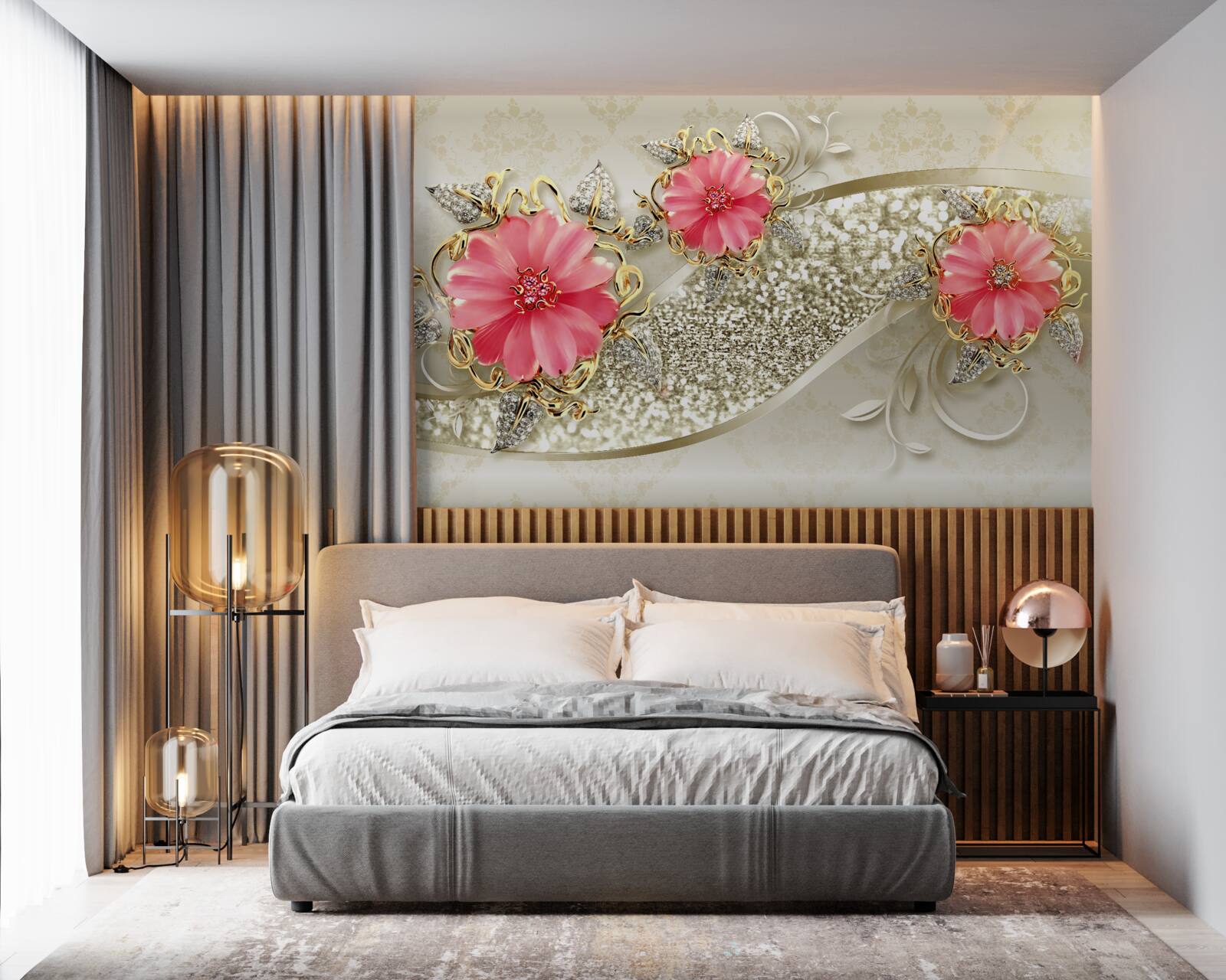 Фотошпалери червоні бутони гербери на золотистих гілках