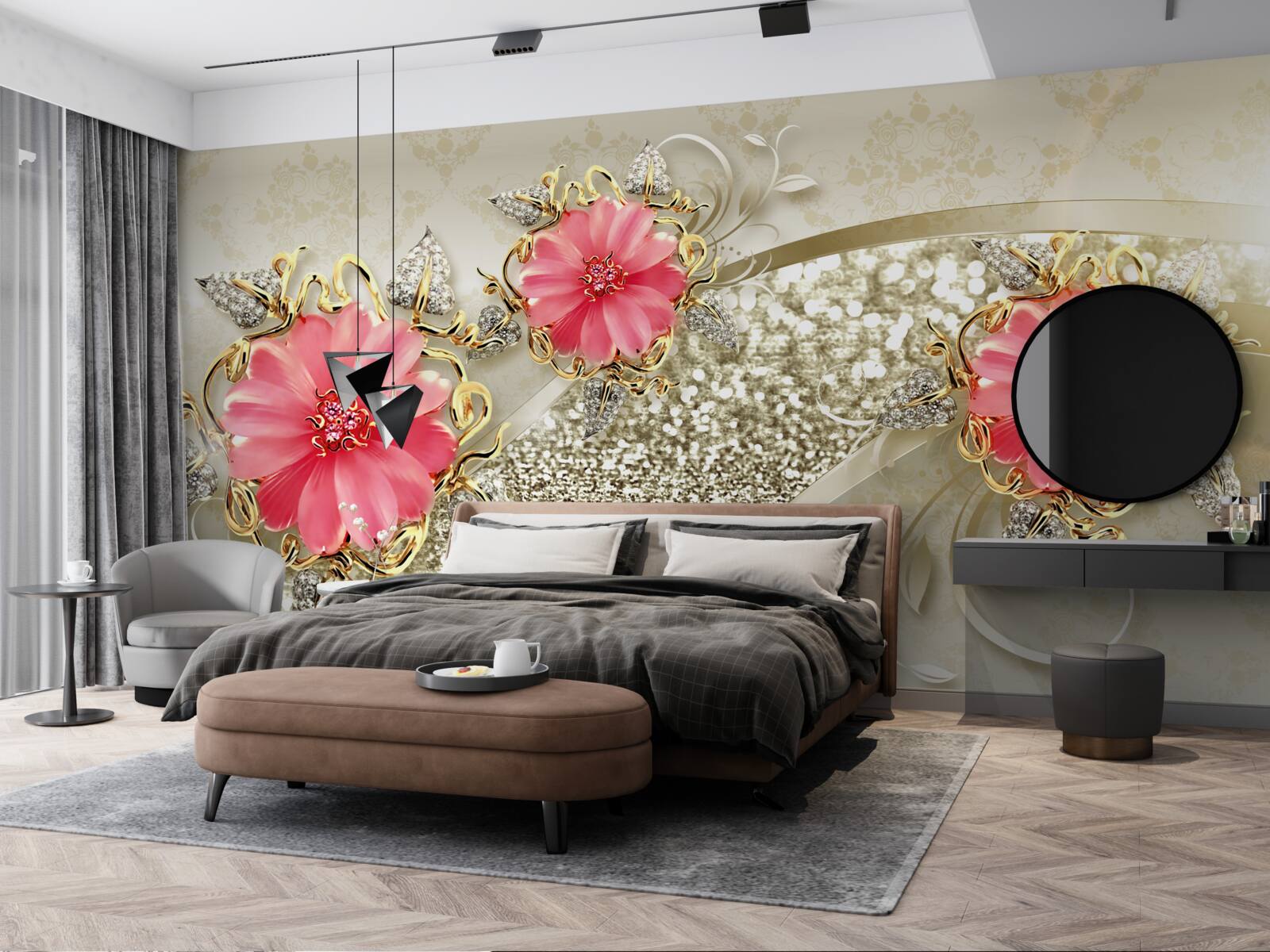 Фотошпалери червоні бутони гербери на золотистих гілках