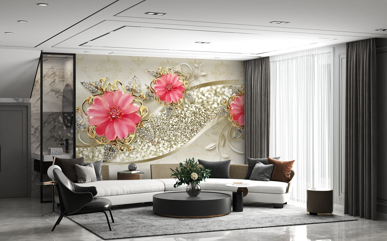 Фотошпалери червоні бутони гербери на золотистих гілках