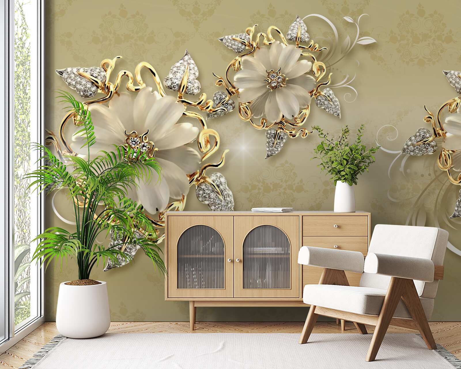 Фотошпалери квіти білосніжні, а гілочки виблискують золотом і сріблом