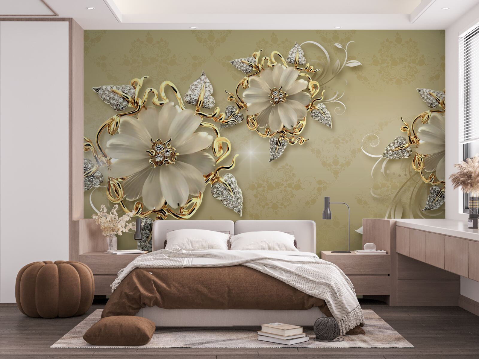 Фотошпалери квіти білосніжні, а гілочки виблискують золотом і сріблом