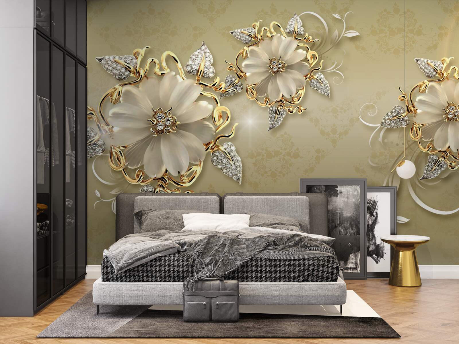 Фотошпалери квіти білосніжні, а гілочки виблискують золотом і сріблом