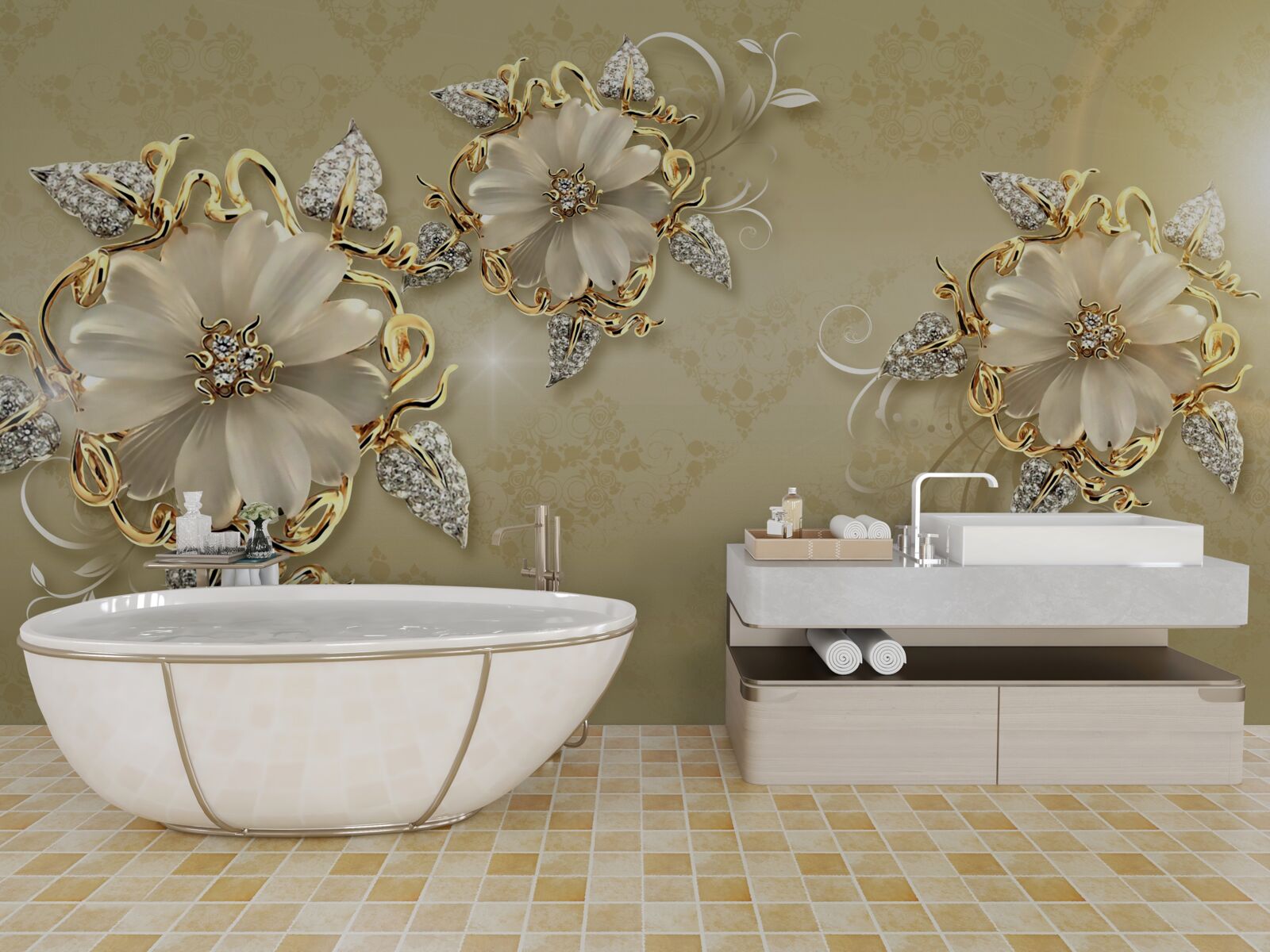 Фотошпалери квіти білосніжні, а гілочки виблискують золотом і сріблом