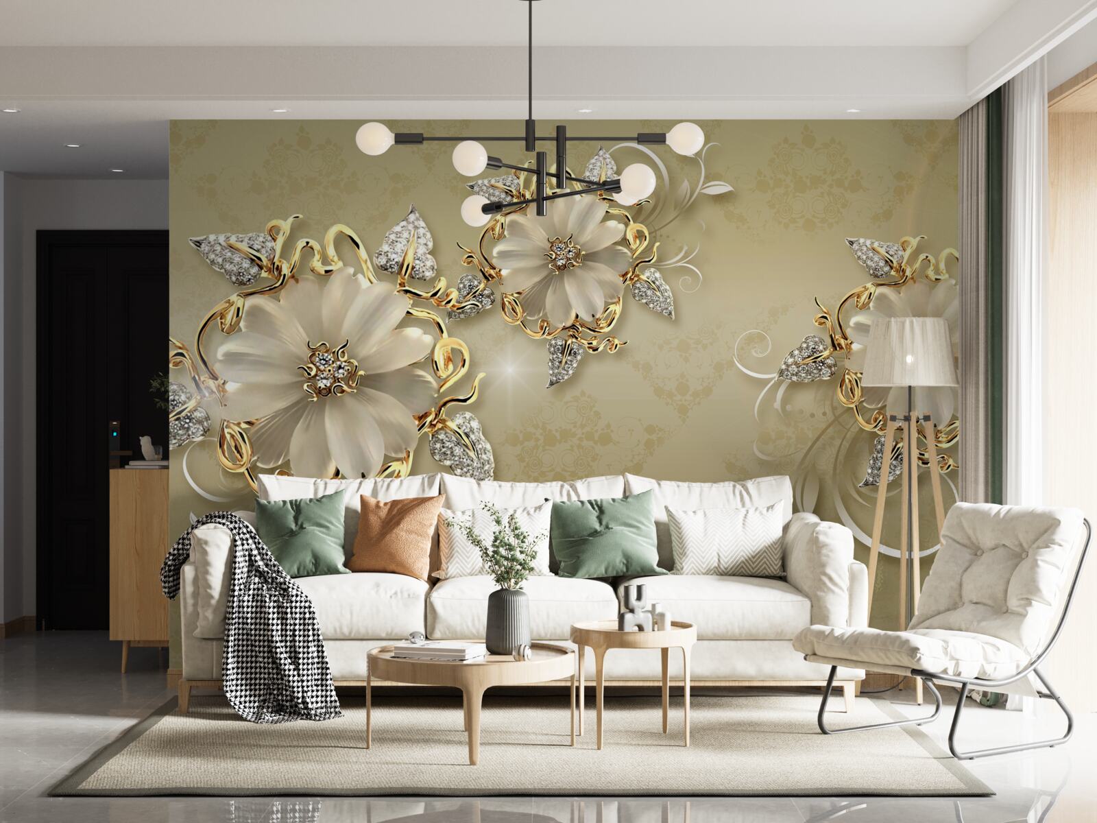 Фотошпалери квіти білосніжні, а гілочки виблискують золотом і сріблом