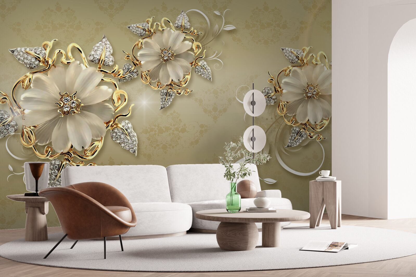 Фотошпалери квіти білосніжні, а гілочки виблискують золотом і сріблом