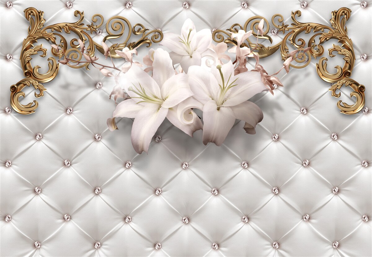 Фотошпалери квіти у відтінках білого, прикрашені кристалами та золотом