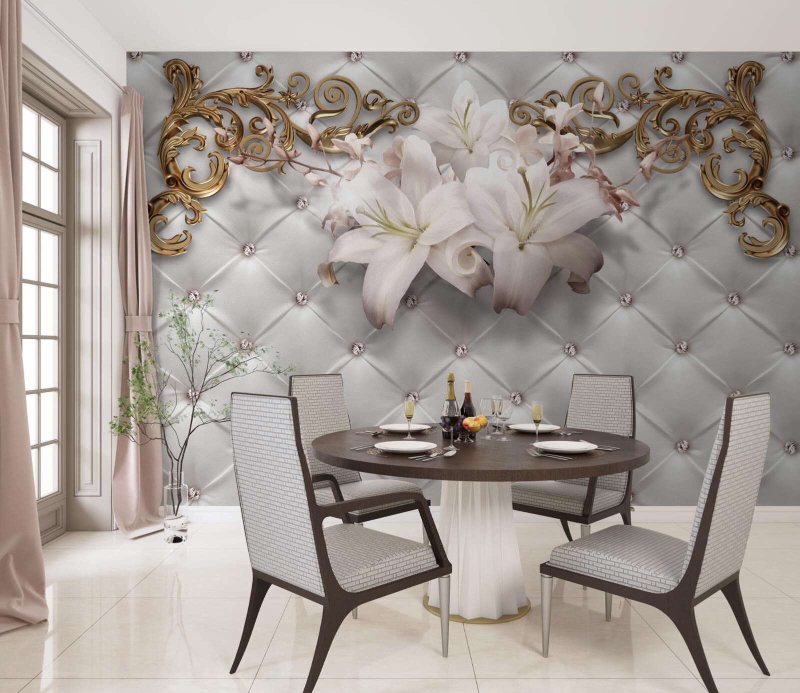 Фотошпалери квіти у відтінках білого, прикрашені кристалами та золотом