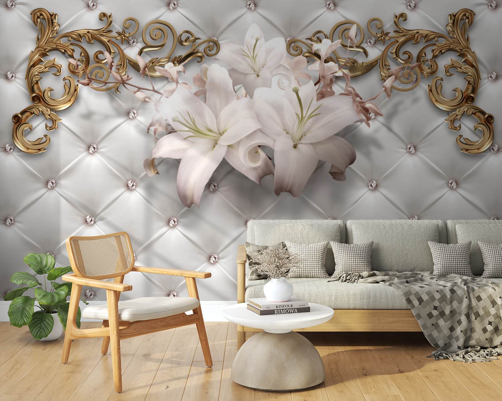 Фотошпалери квіти у відтінках білого, прикрашені кристалами та золотом