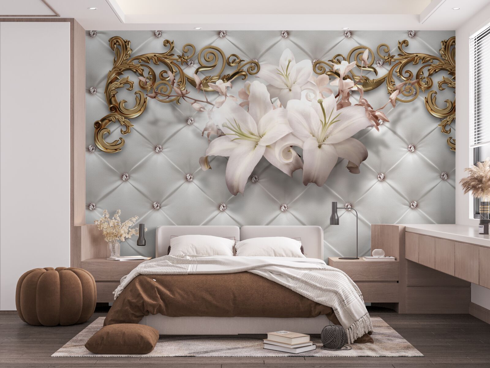 Фотошпалери квіти у відтінках білого, прикрашені кристалами та золотом