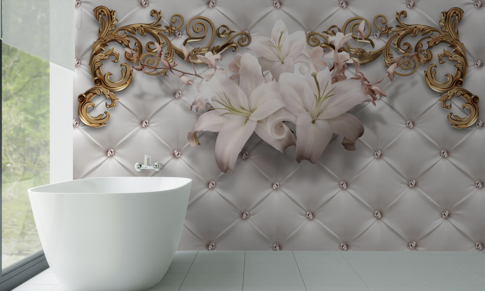 Фотошпалери квіти у відтінках білого, прикрашені кристалами та золотом